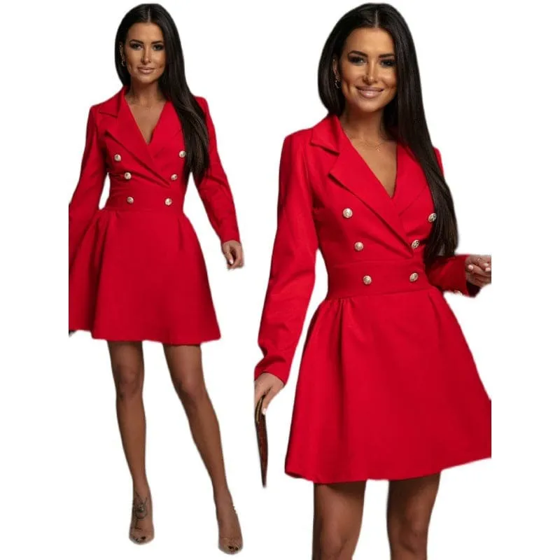 Lapel Collar Double Breasted A-Line Hem Blazer Dress