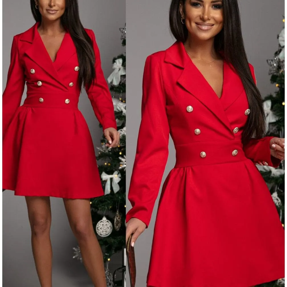 Lapel Collar Double Breasted A-Line Hem Blazer Dress