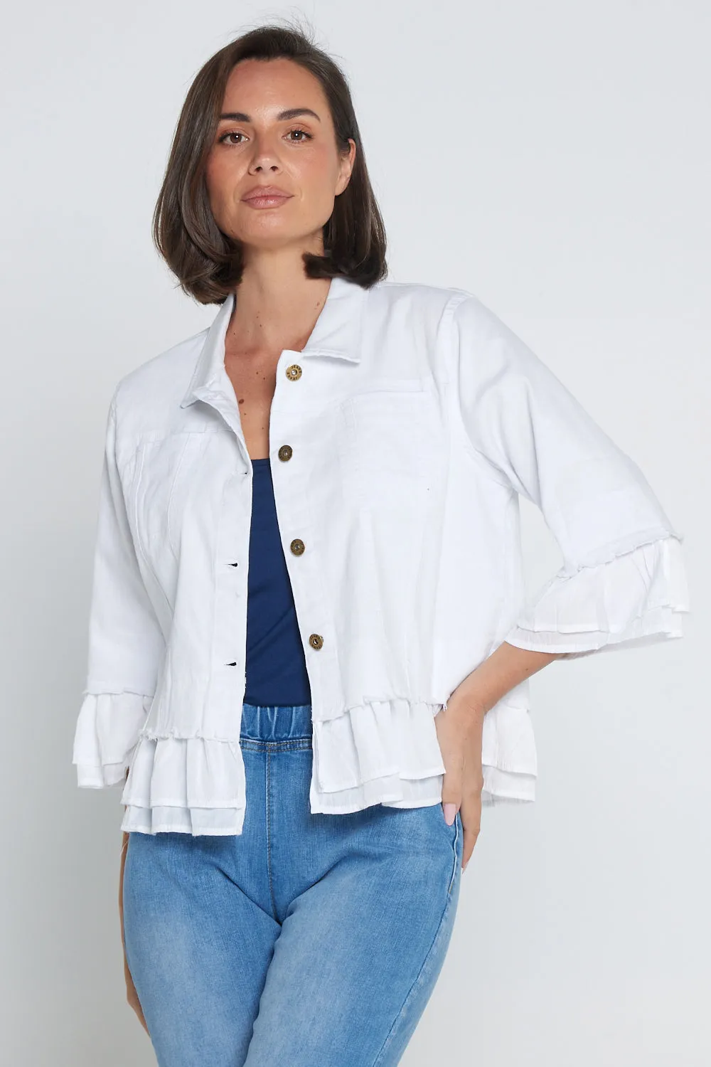 Leelah Cropped Ruffle Denim Jacket - White