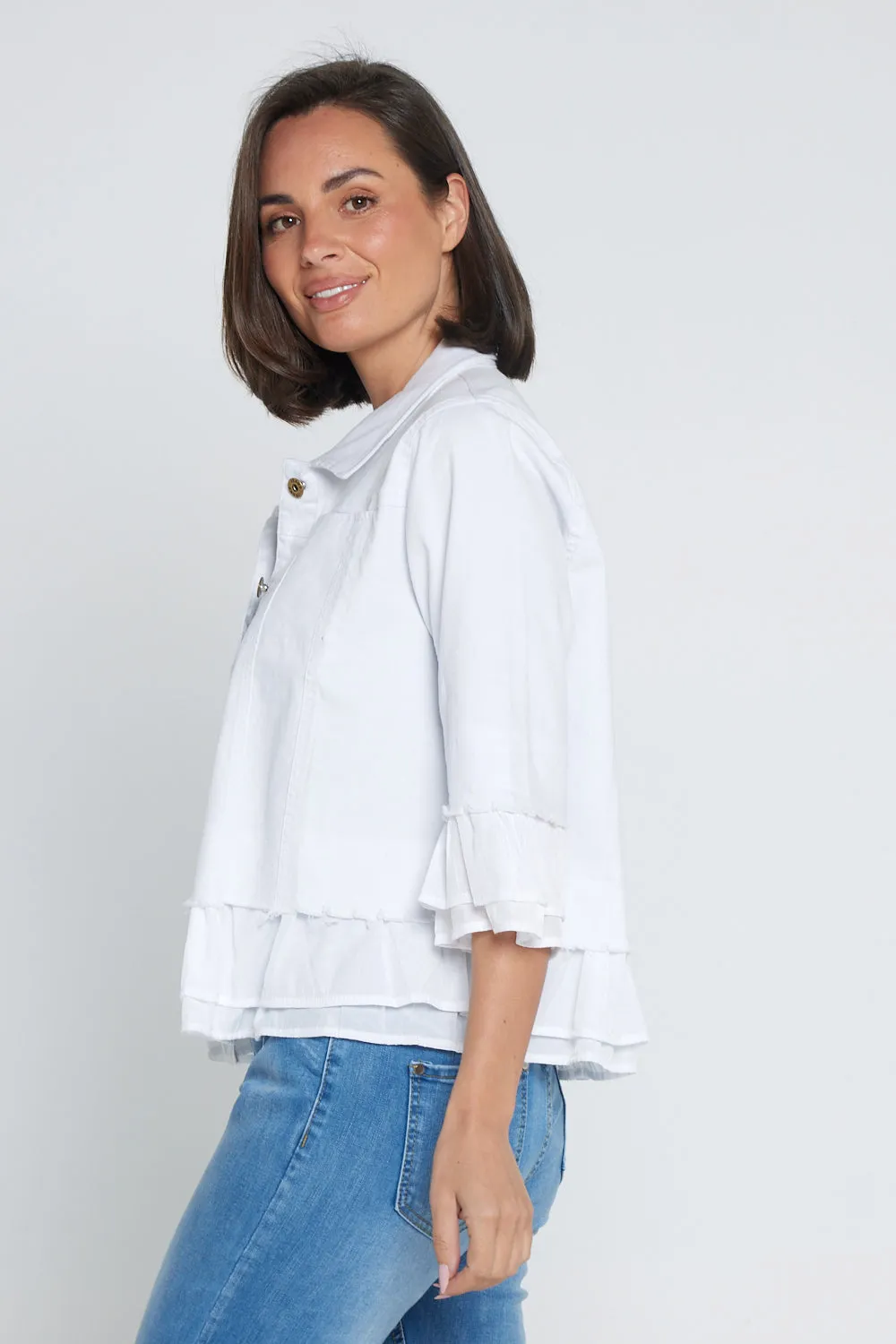 Leelah Cropped Ruffle Denim Jacket - White