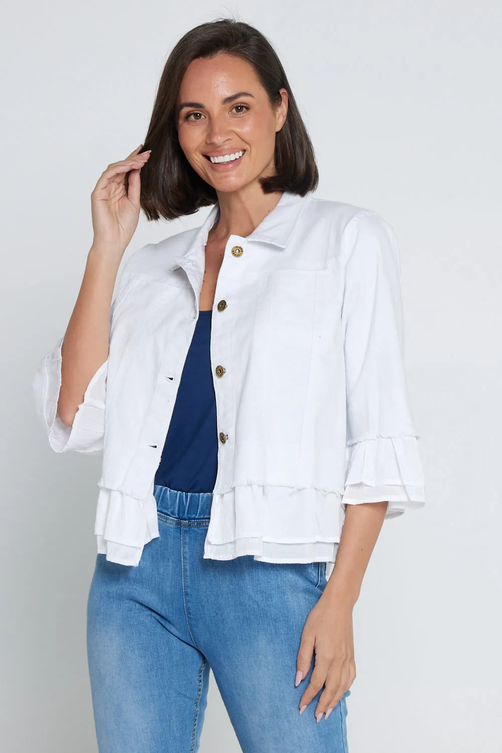 Leelah Cropped Ruffle Denim Jacket - White