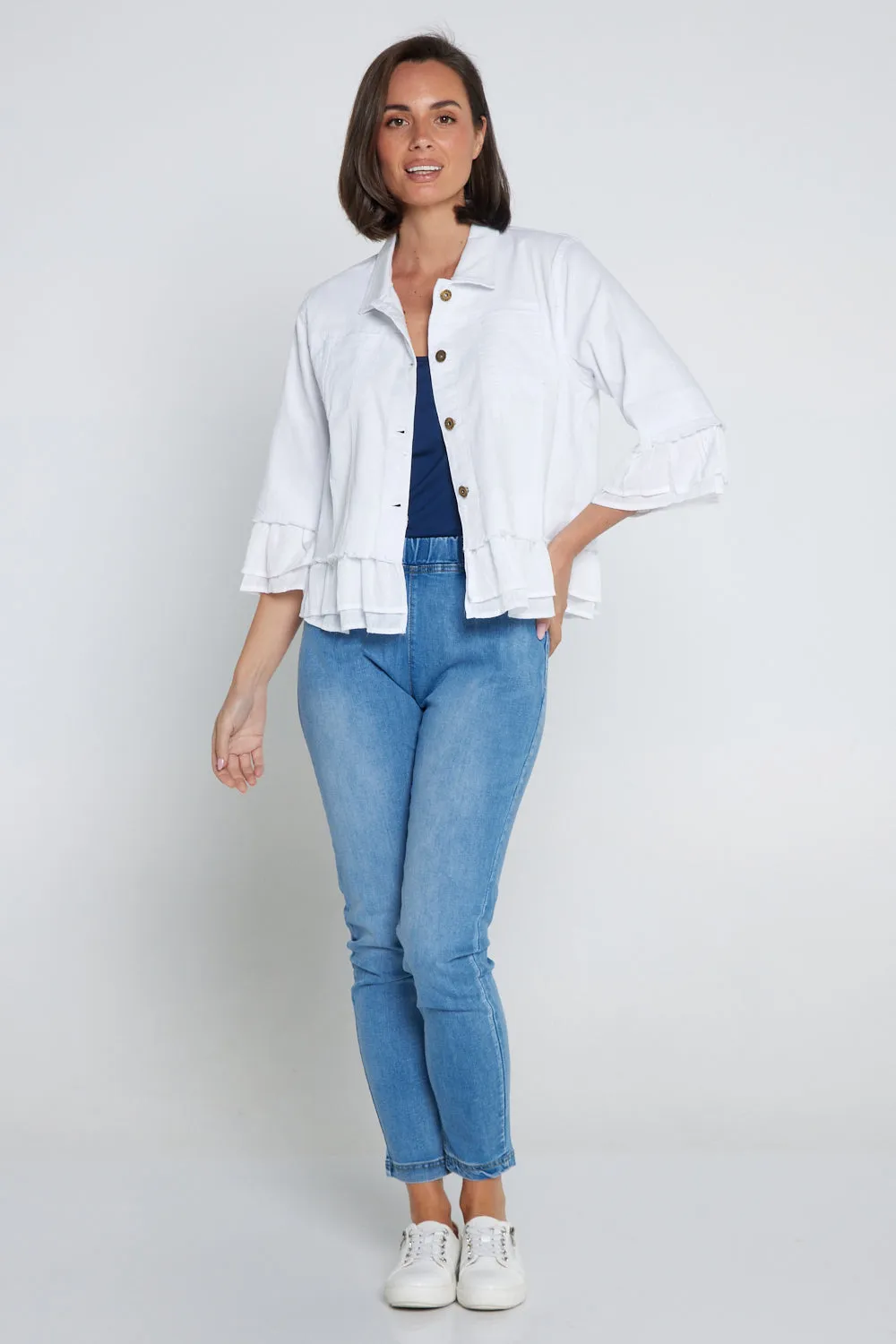 Leelah Cropped Ruffle Denim Jacket - White