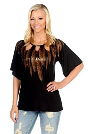 Liberty Wear Peekaboo Feathers, Short Sleeve, Tri Cut Accent Black Fashion Tunic