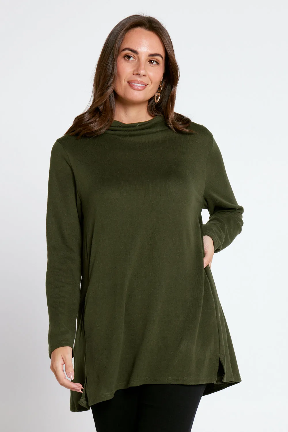 Lina Cowl Knit Tunic - Khaki