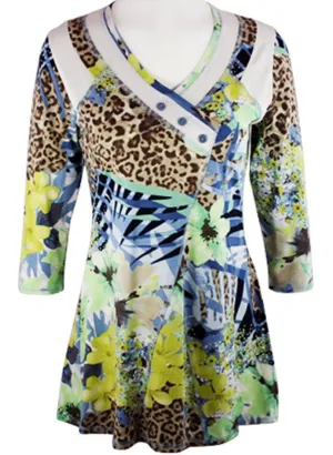 Lior Paris - Jungle Foliage, Geometric Floral Patterned Top Trimmed V-Neck