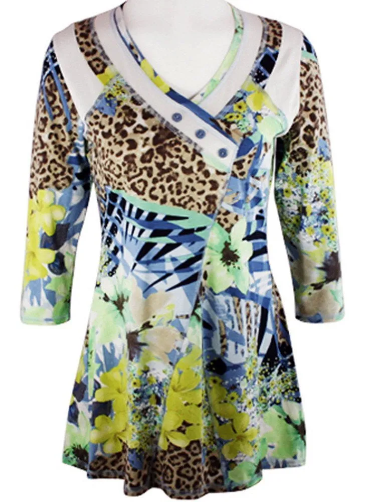 Lior Paris - Jungle Foliage, Geometric Floral Patterned Top Trimmed V-Neck