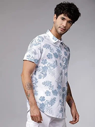 LookMark Men's Cotton Blend Stitched Solid Half Sleeve Shirt(Printed Shirt Blue Leaf-L)