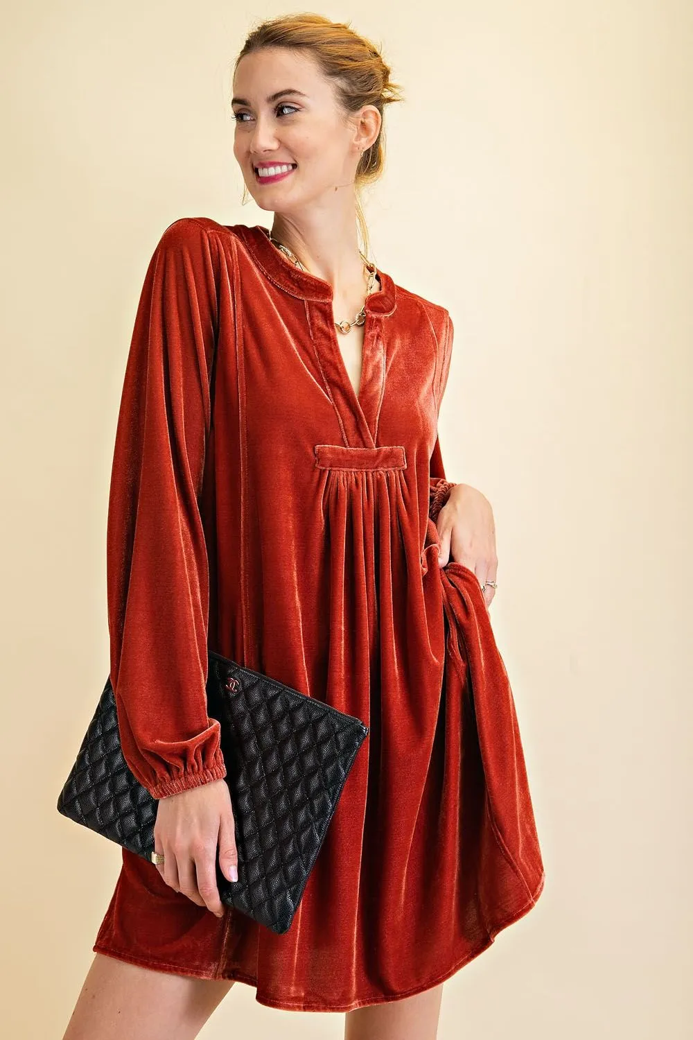 Loose fit soft velvet tunic dress with pockets