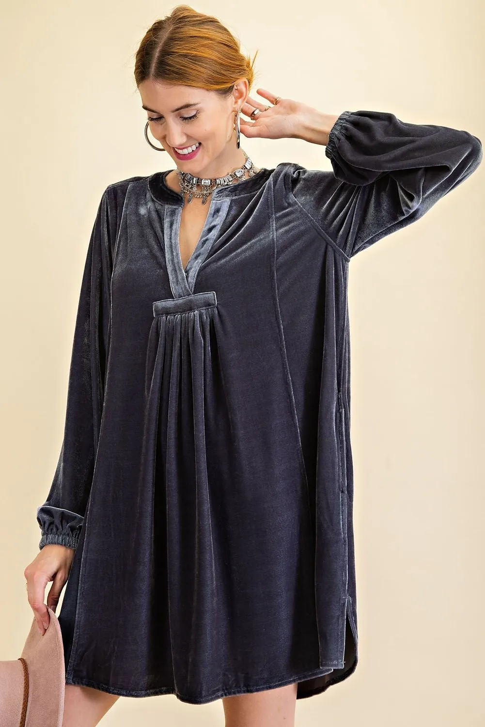 Loose fit soft velvet tunic dress with pockets