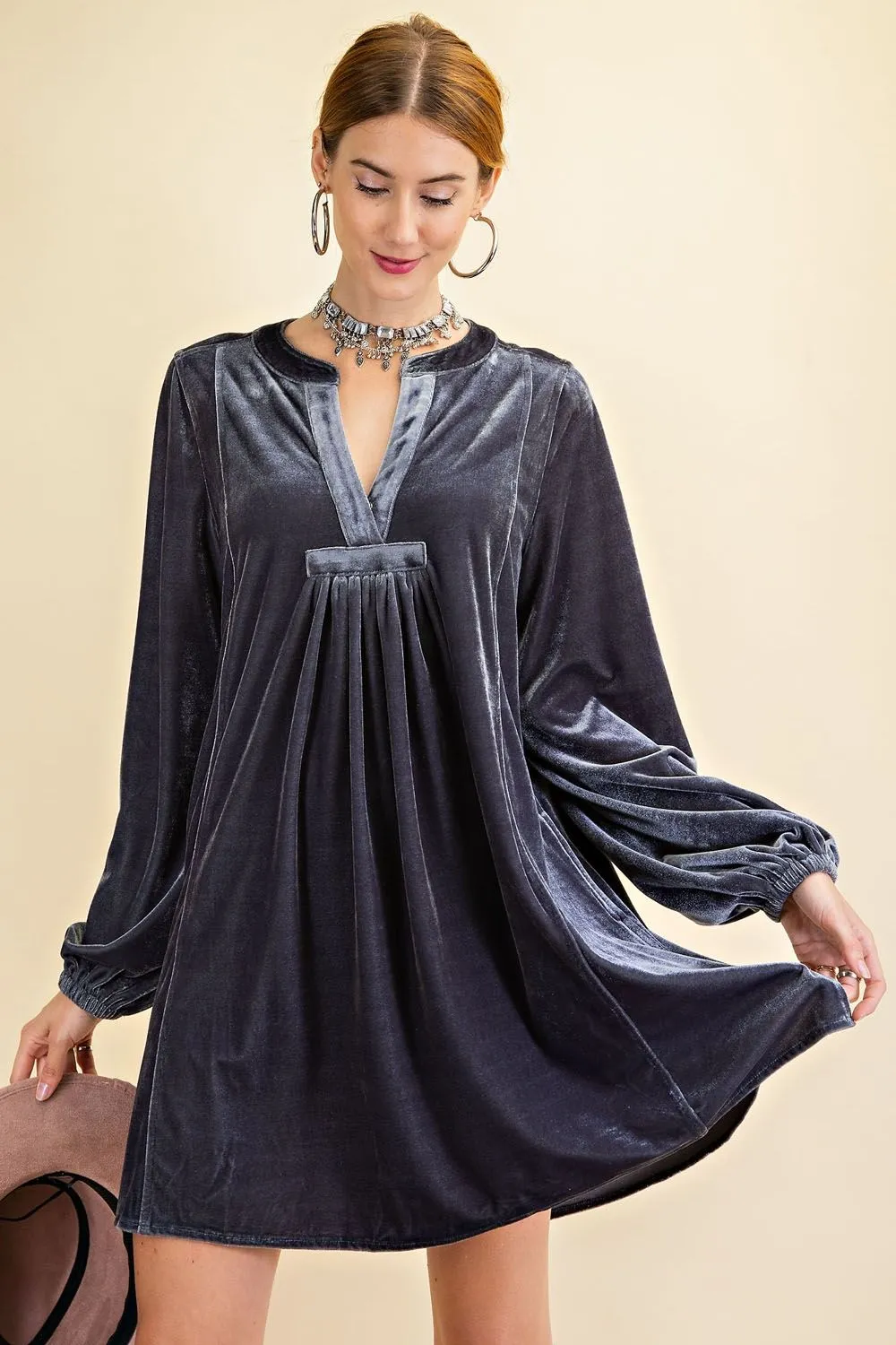 Loose fit soft velvet tunic dress with pockets