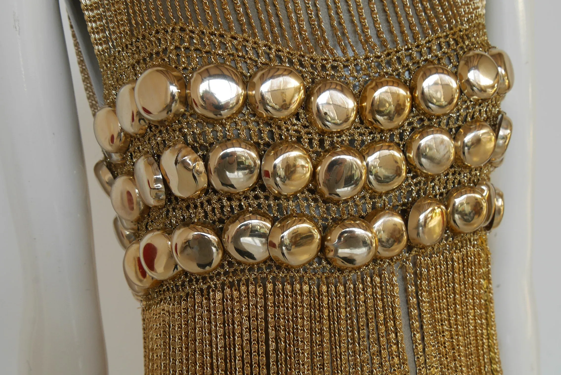 Loris Azzaro chained top rare design gold tone chains and lurex.