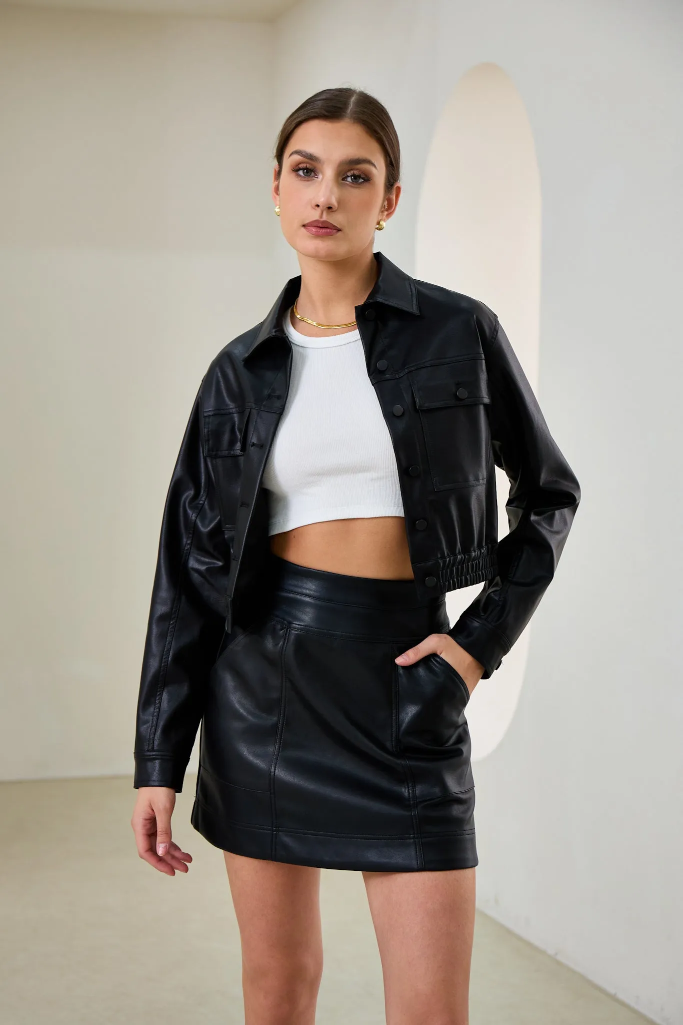 Maddox Black Faux Leather PU Cropped Jacket