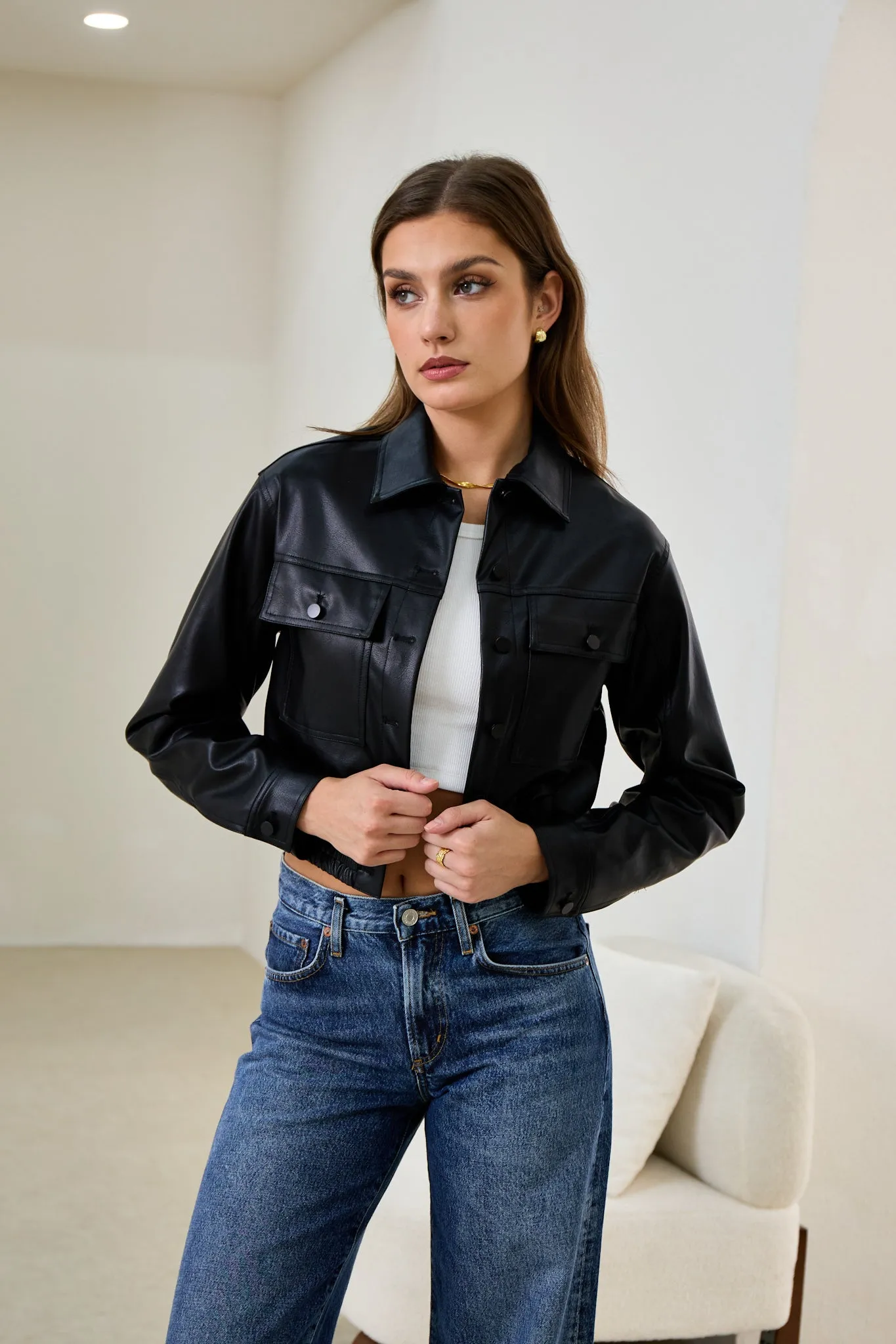 Maddox Black Faux Leather PU Cropped Jacket