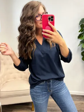 Marissa 3/4 Sleeve Split Neck Blouse - Navy Night (Ships in 1-2 Weeks)