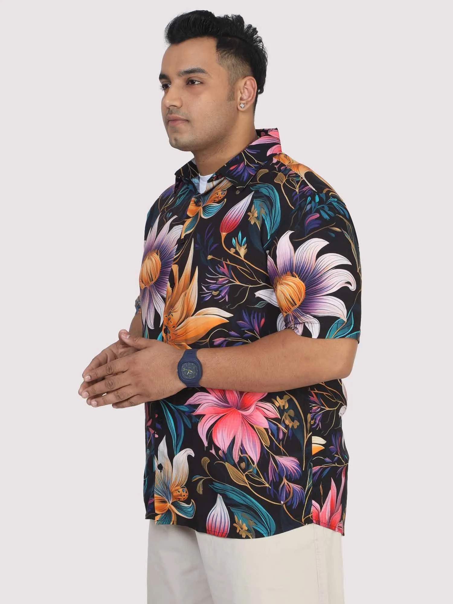 Men Plus Size Blue Floral Digital Printed Half Shirt