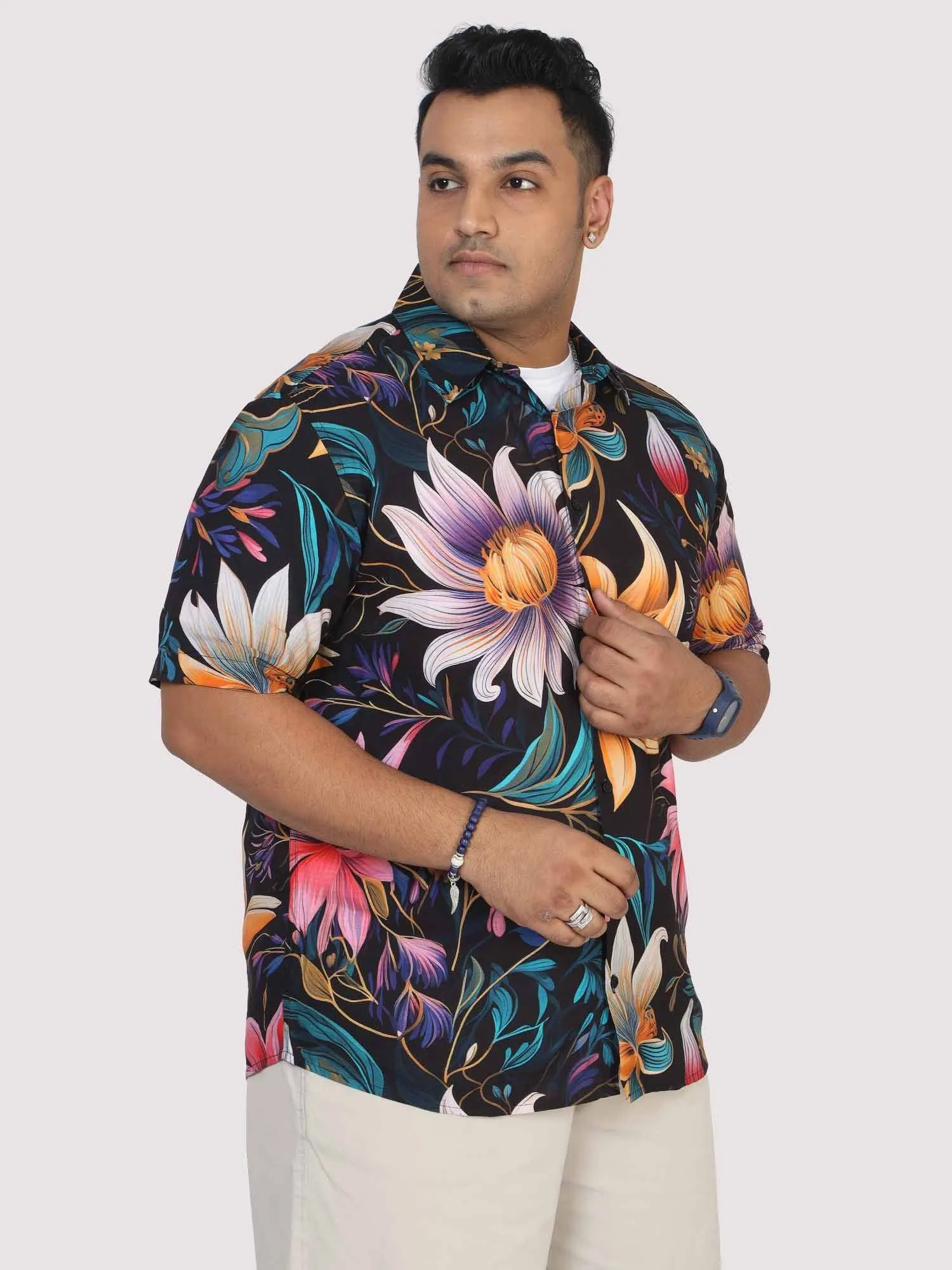 Men Plus Size Blue Floral Digital Printed Half Shirt