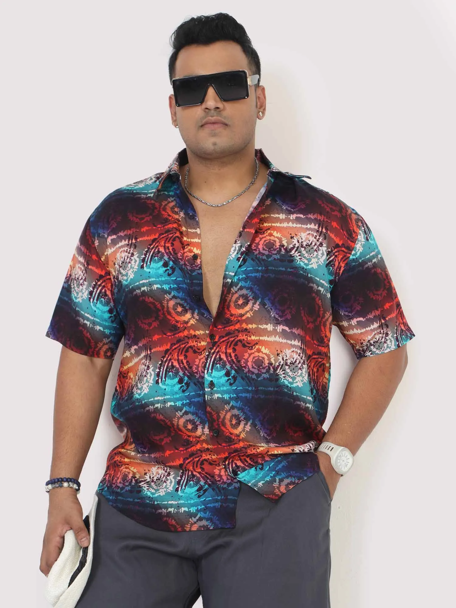 Men Plus Size Paisley Wheel Digital Printed Half Shirt