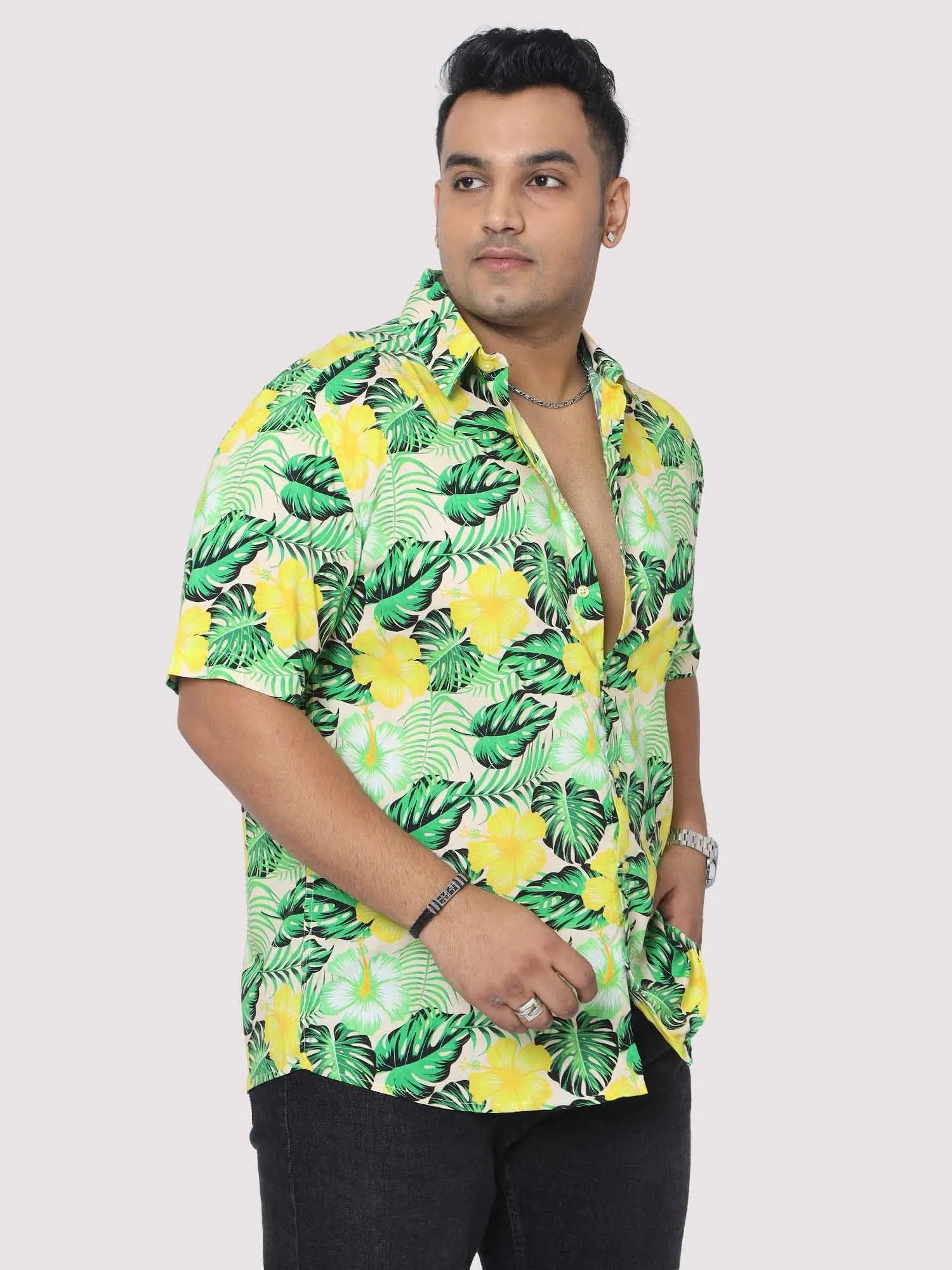 Men Plus Size Tropical Yellow Green Digital Printed Half Shirt