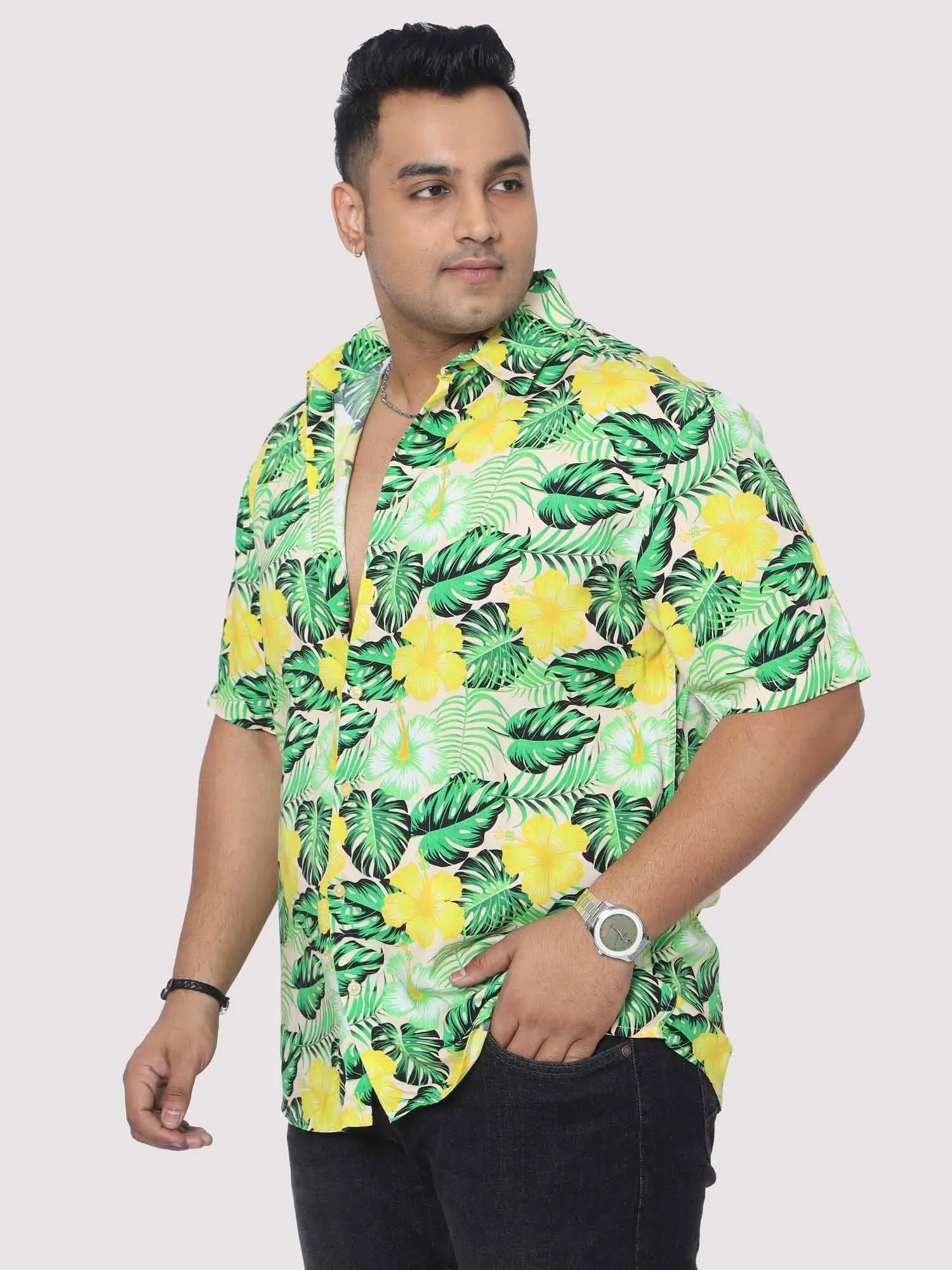 Men Plus Size Tropical Yellow Green Digital Printed Half Shirt