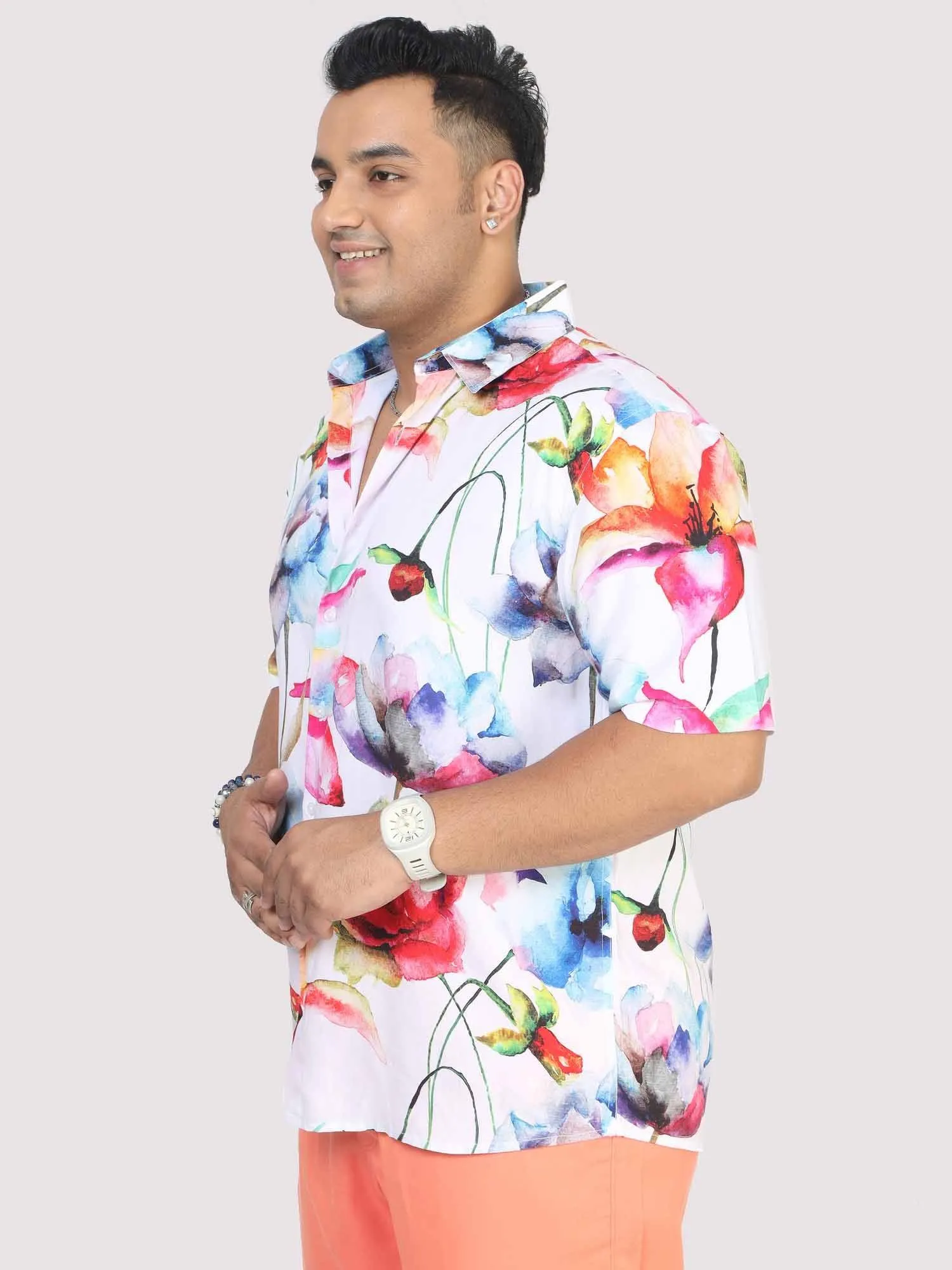 Men Plus Size Watercolour Flower Digital Printed Half Shirt