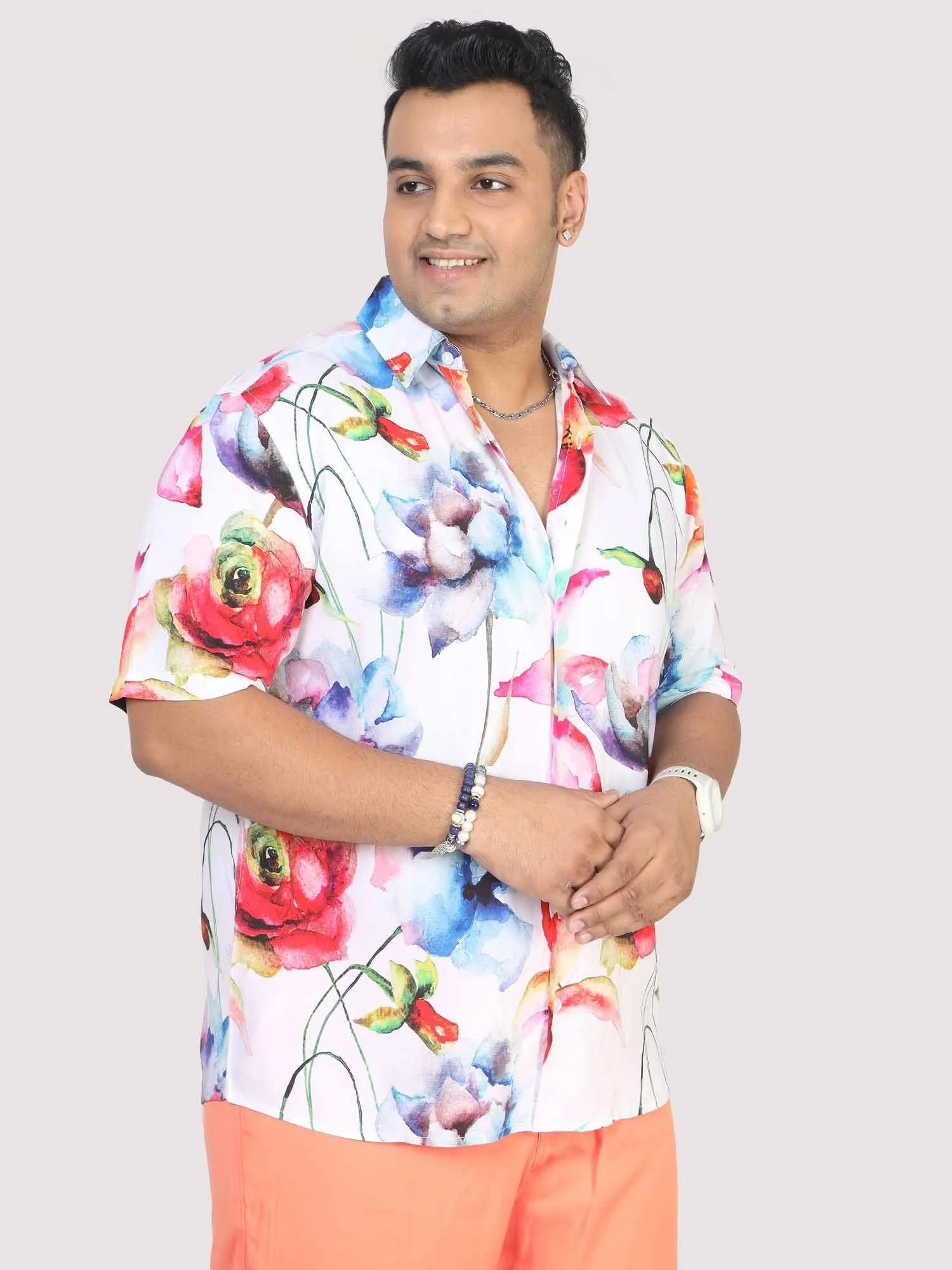 Men Plus Size Watercolour Flower Digital Printed Half Shirt