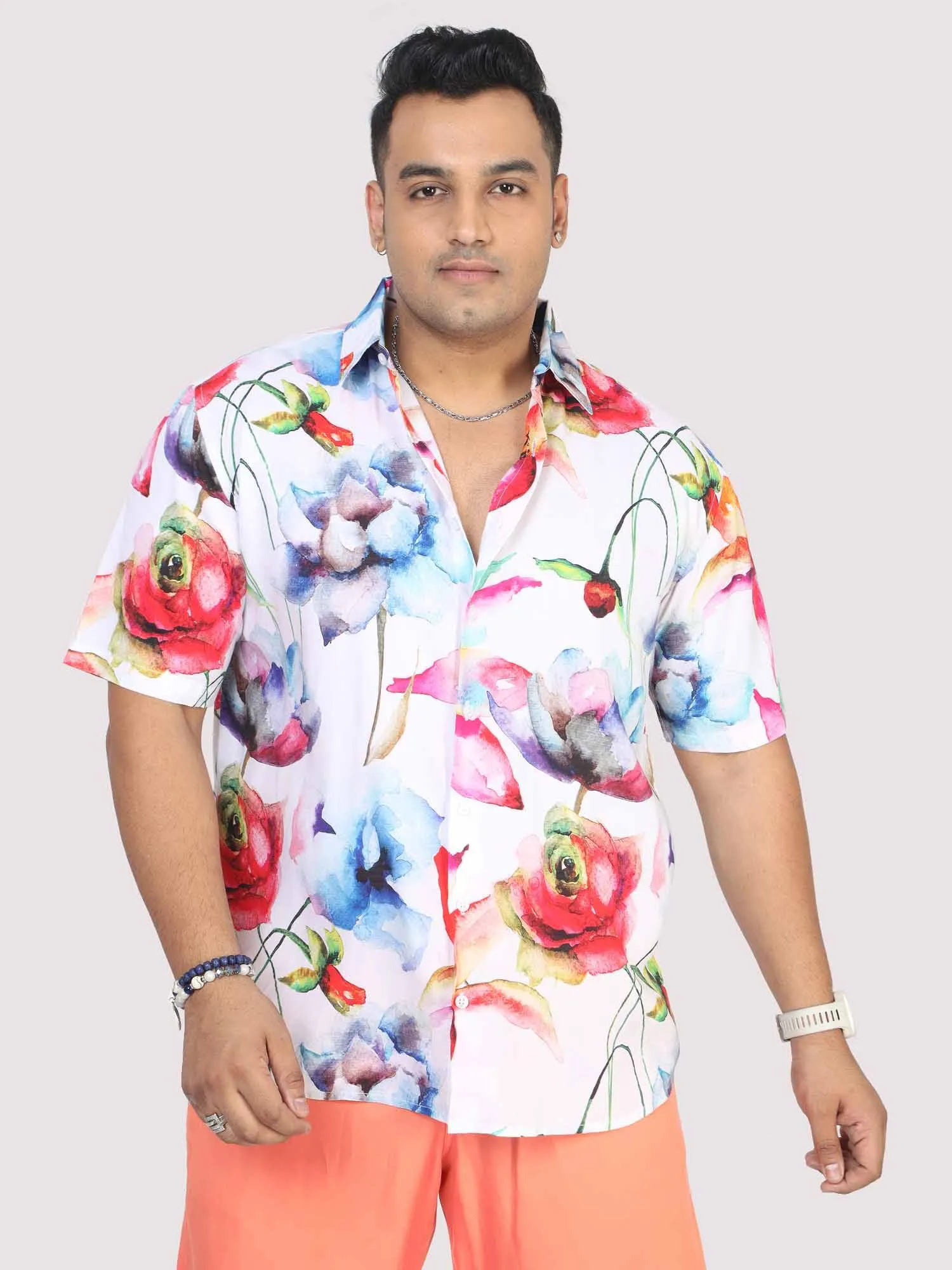 Men Plus Size Watercolour Flower Digital Printed Half Shirt