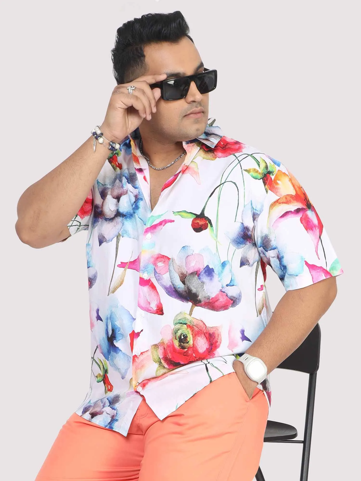 Men Plus Size Watercolour Flower Digital Printed Half Shirt