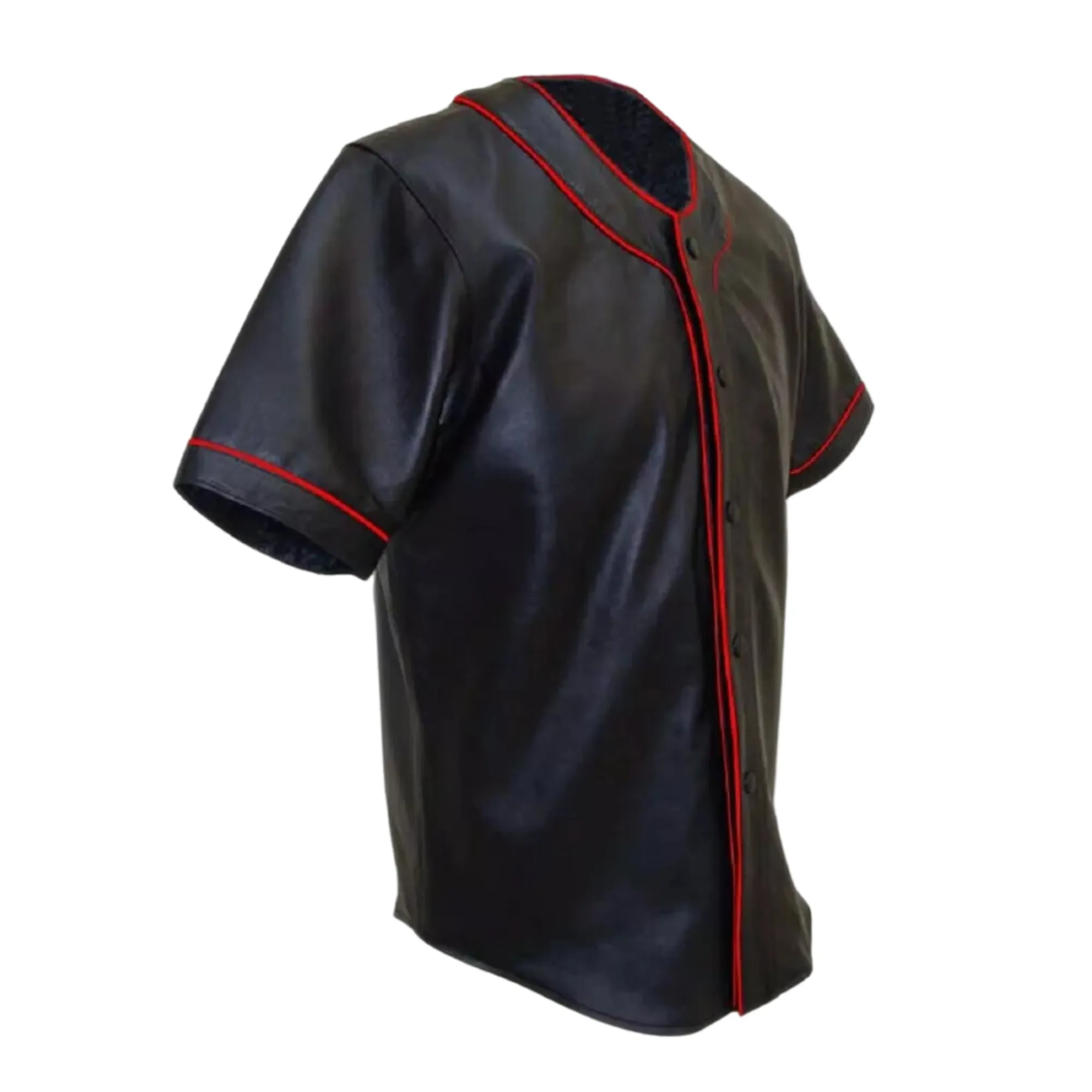 Mens Black Leather Baseball Jersey Style Half Sleeve Shirt