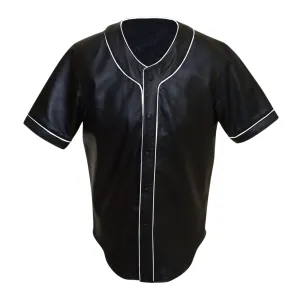 Mens Black Leather Baseball Jersey Style Half Sleeve Shirt