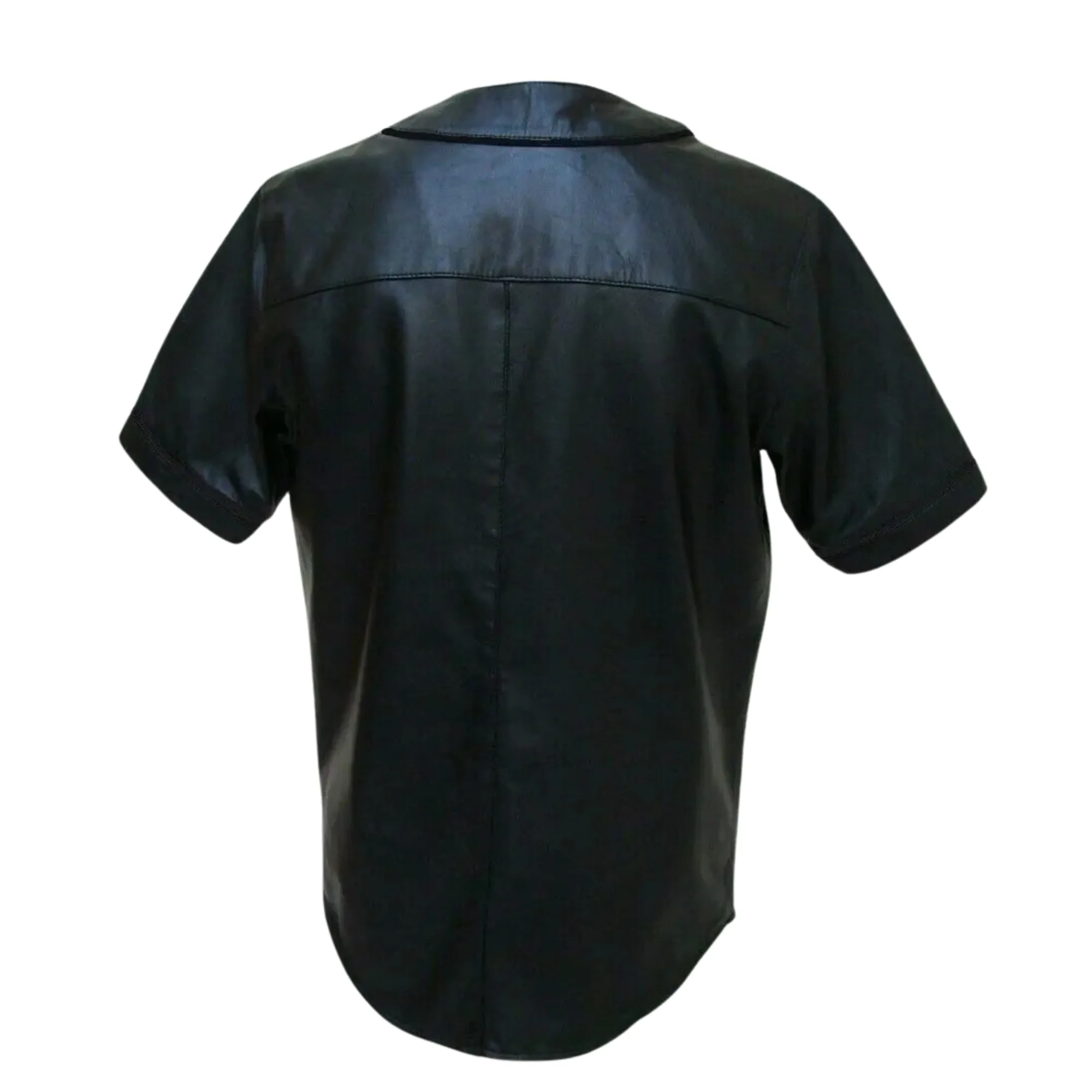 Mens Black Leather Baseball Jersey Style Half Sleeve Shirt