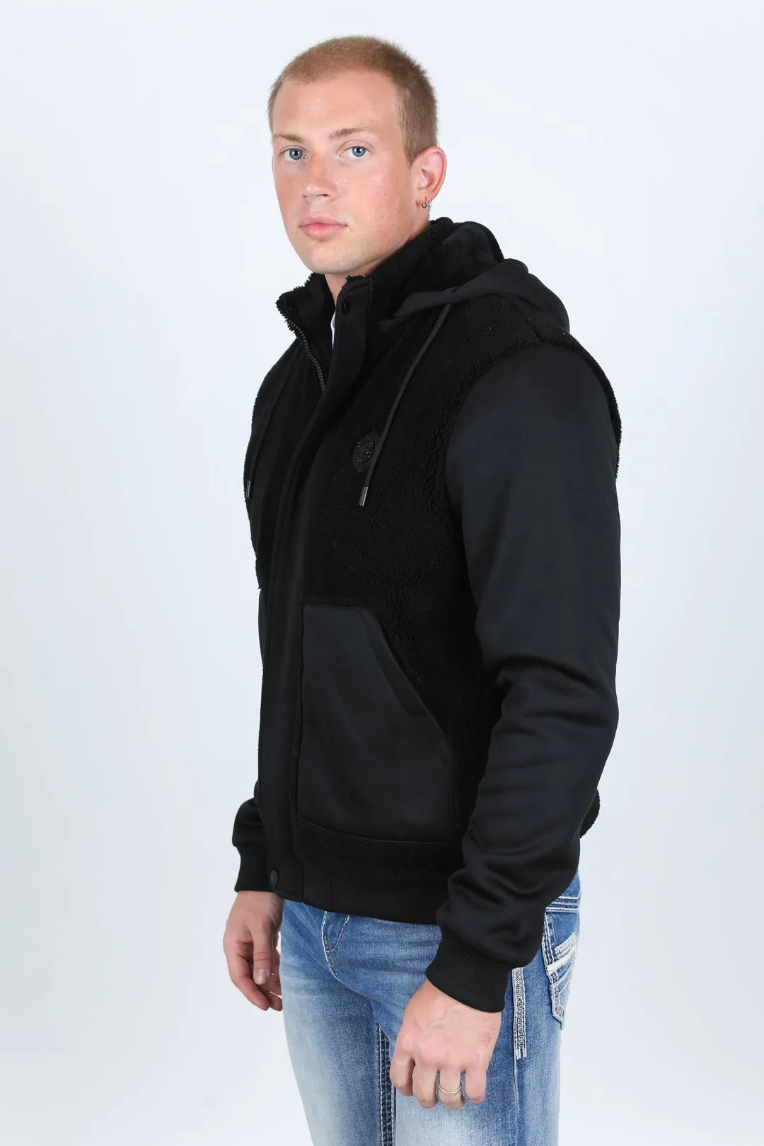 Mens Fur Lined Sherpa Hooded Jacket - Black