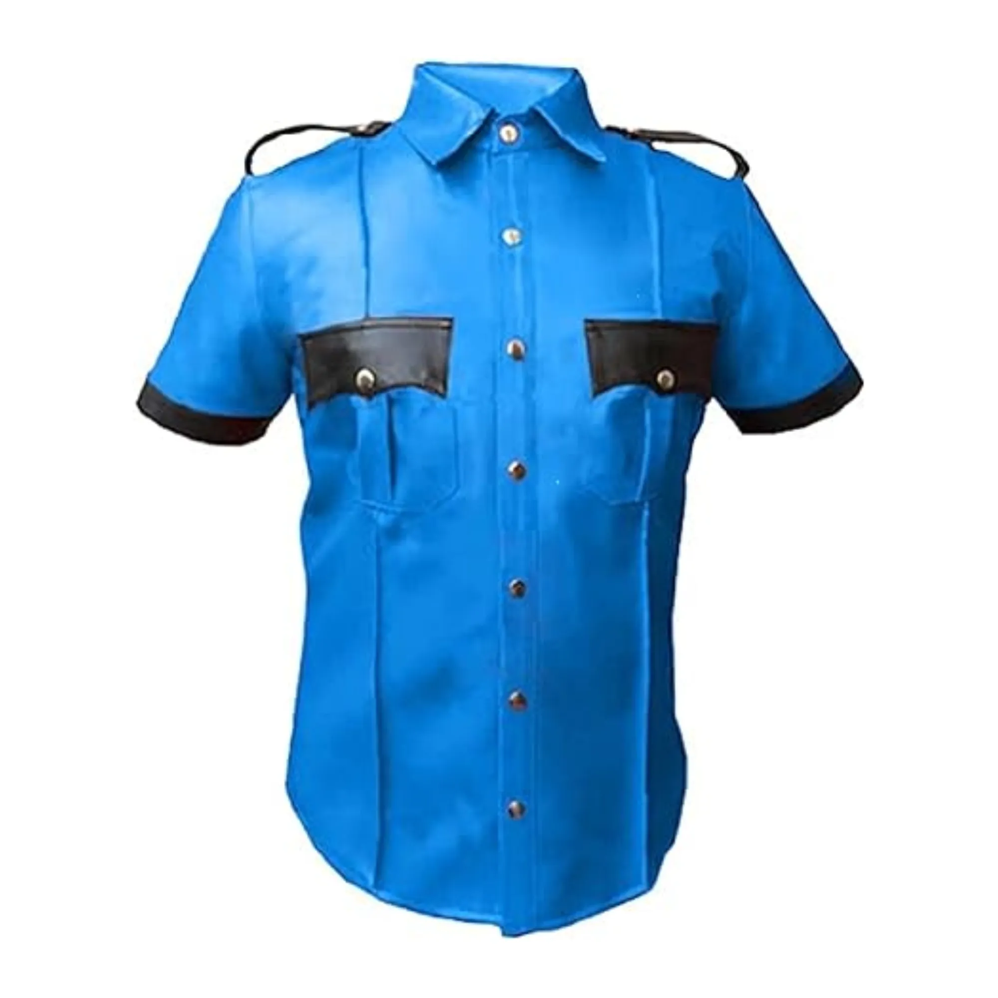 Mens Short Sleeve Blue Leather Shirt