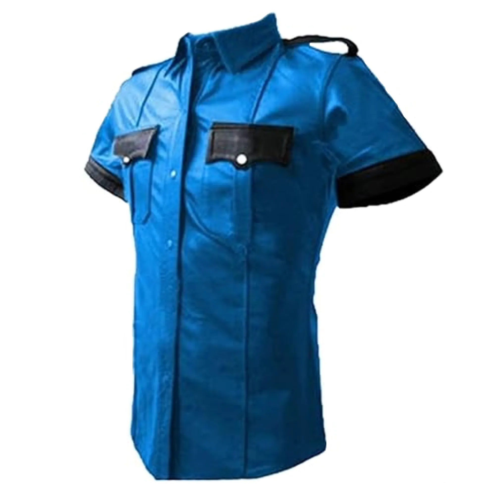 Mens Short Sleeve Blue Leather Shirt