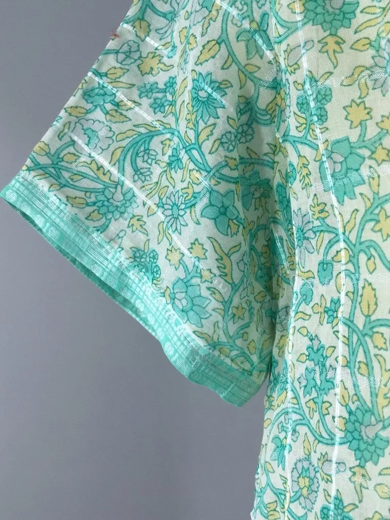 Mint Green Floral Print Caftan Tunic made from a Vintage Indian Cotton Sari