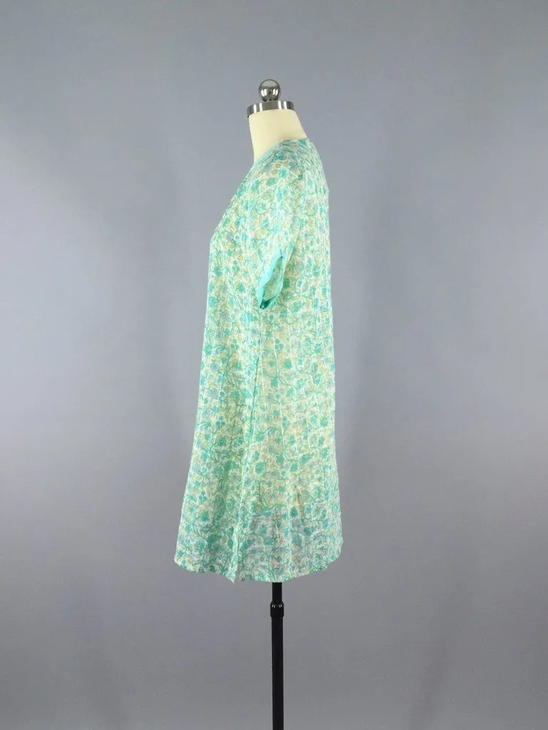 Mint Green Floral Print Caftan Tunic made from a Vintage Indian Cotton Sari