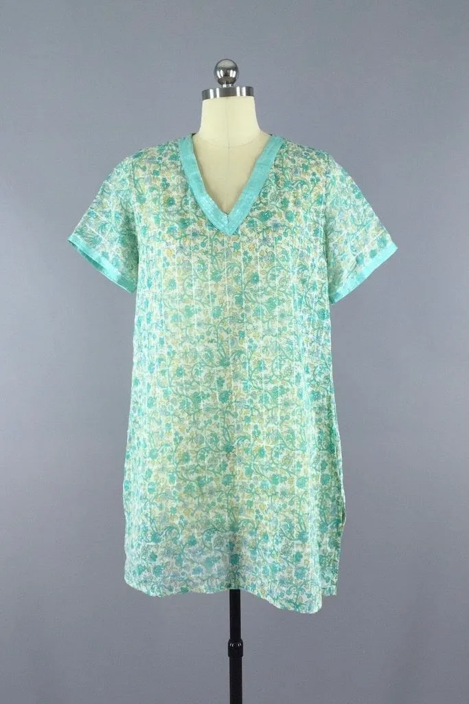 Mint Green Floral Print Caftan Tunic made from a Vintage Indian Cotton Sari