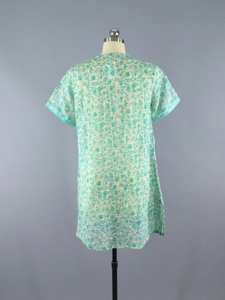 Mint Green Floral Print Caftan Tunic made from a Vintage Indian Cotton Sari