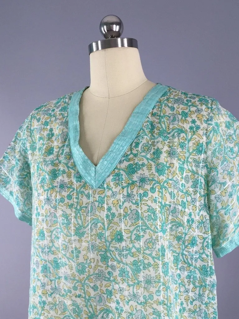 Mint Green Floral Print Caftan Tunic made from a Vintage Indian Cotton Sari