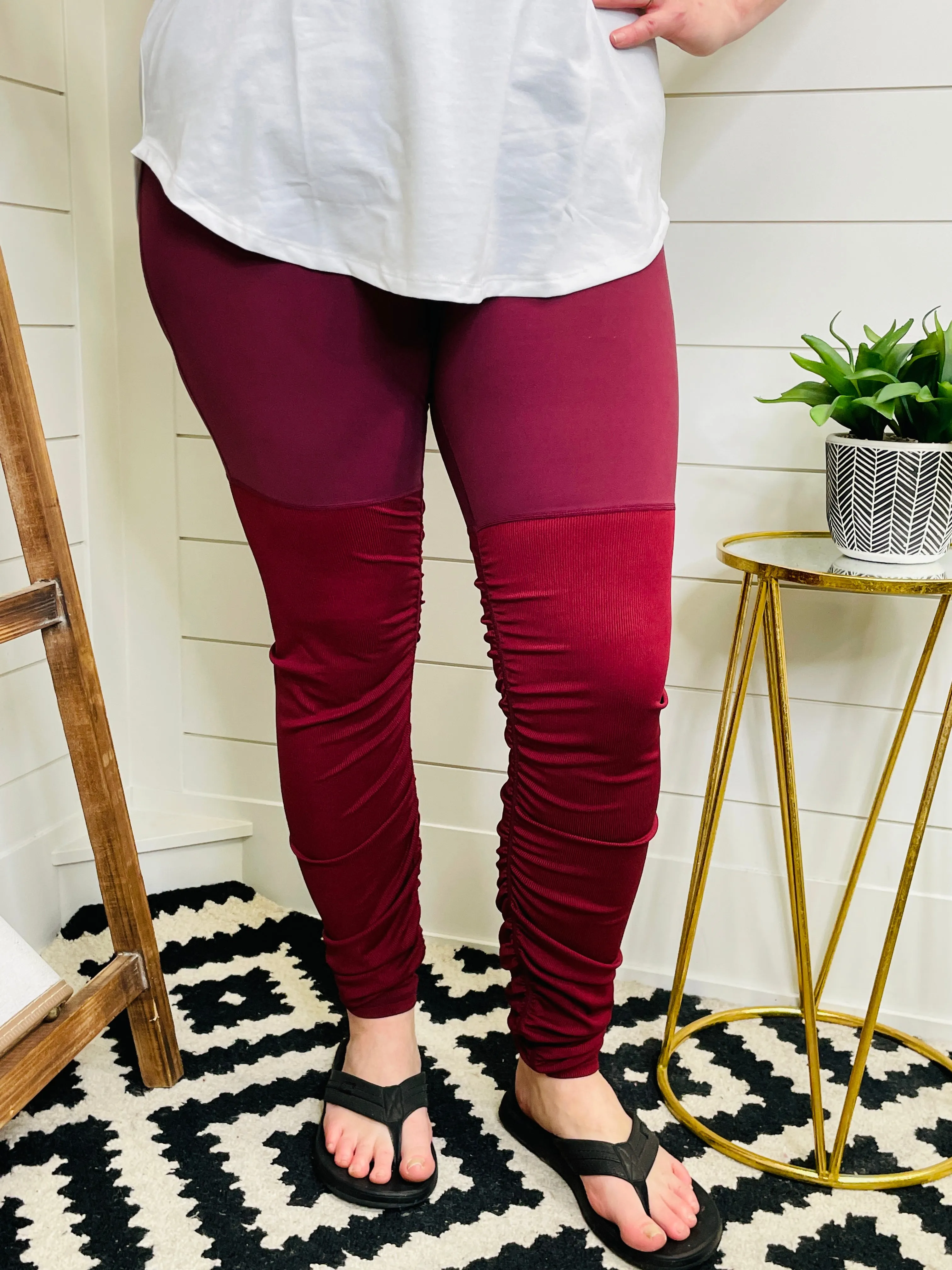 Mixed Texture Burgundy Ruched Leggings