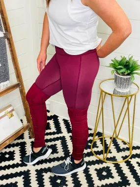 Mixed Texture Burgundy Ruched Leggings