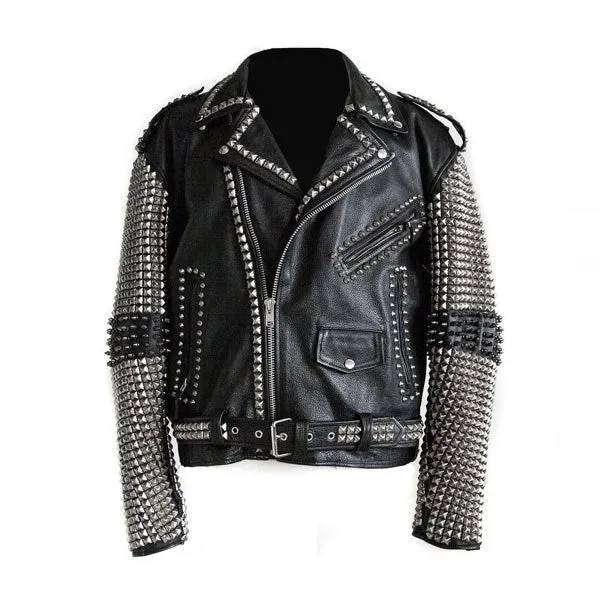 New Men’s Full Black Punk Silver Spiked Studded Cowhide Leather Jacket