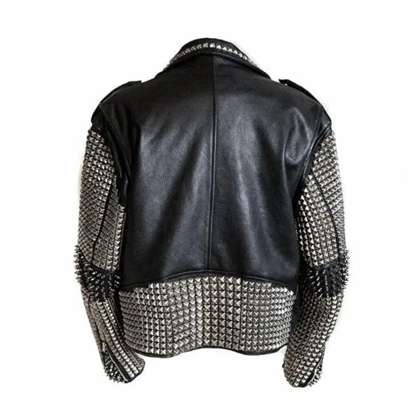 New Men’s Full Black Punk Silver Spiked Studded Cowhide Leather Jacket