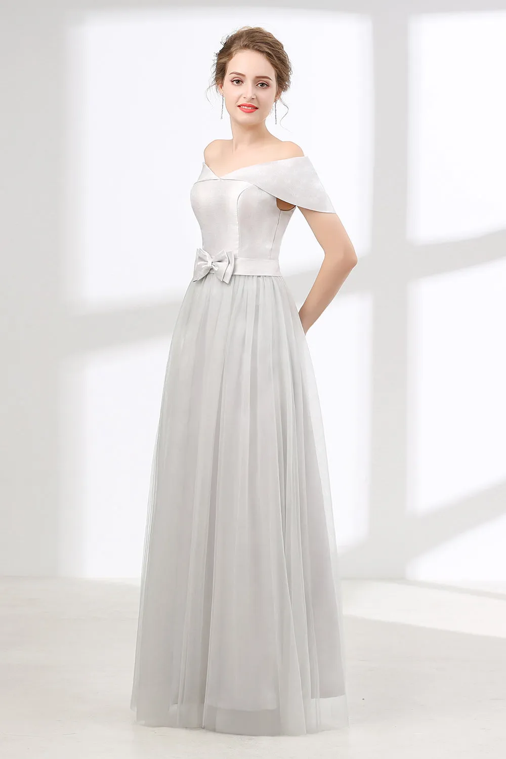 Off Shoulder Gray Formal Floor Length Prom Dresses