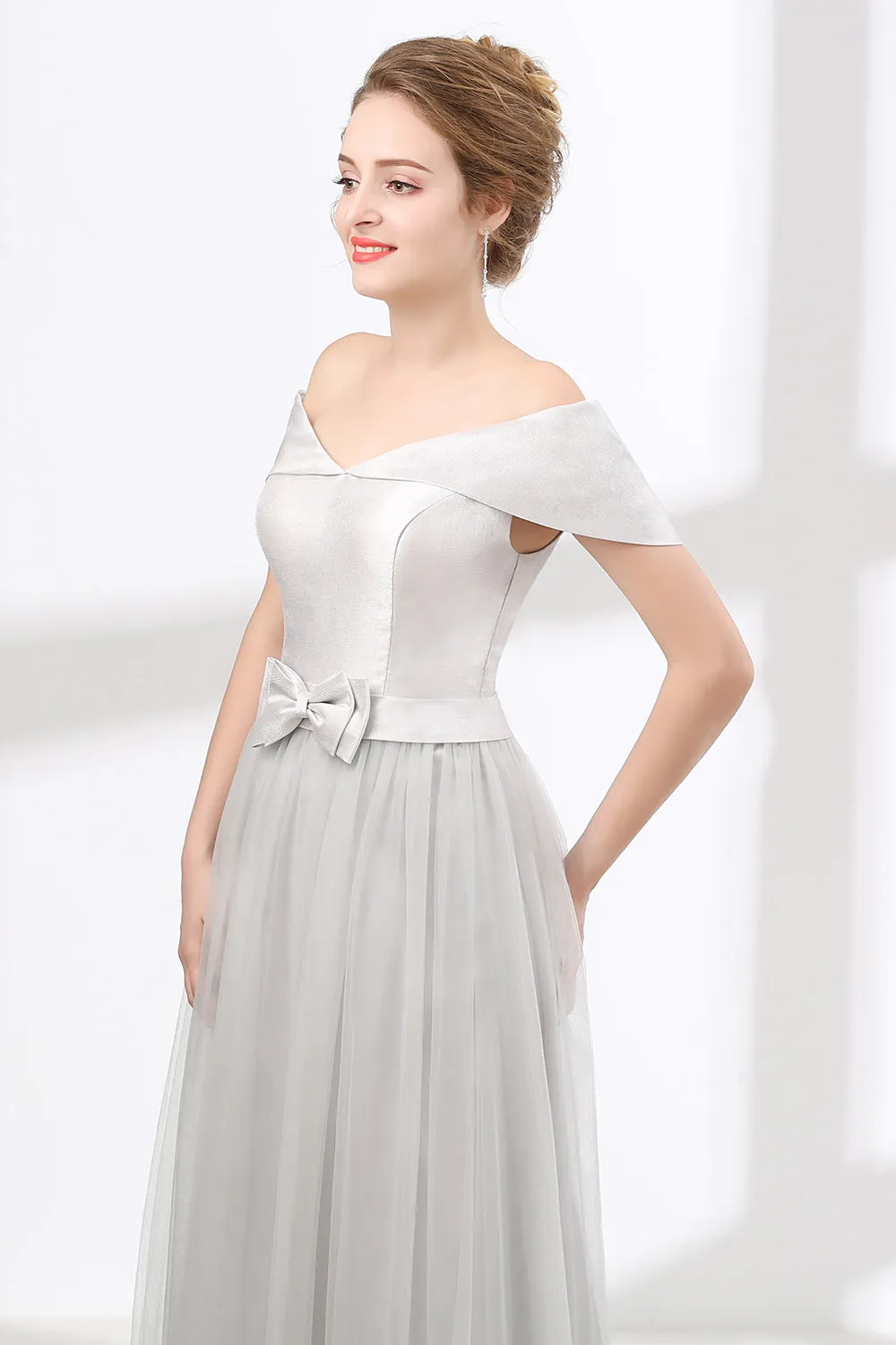 Off Shoulder Gray Formal Floor Length Prom Dresses