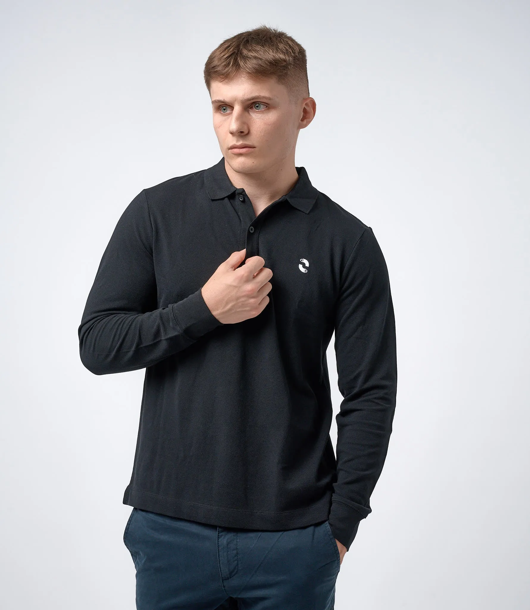 Omnitau Men's Pimlico Organic Cotton Long Sleeve Polo Shirt - Black