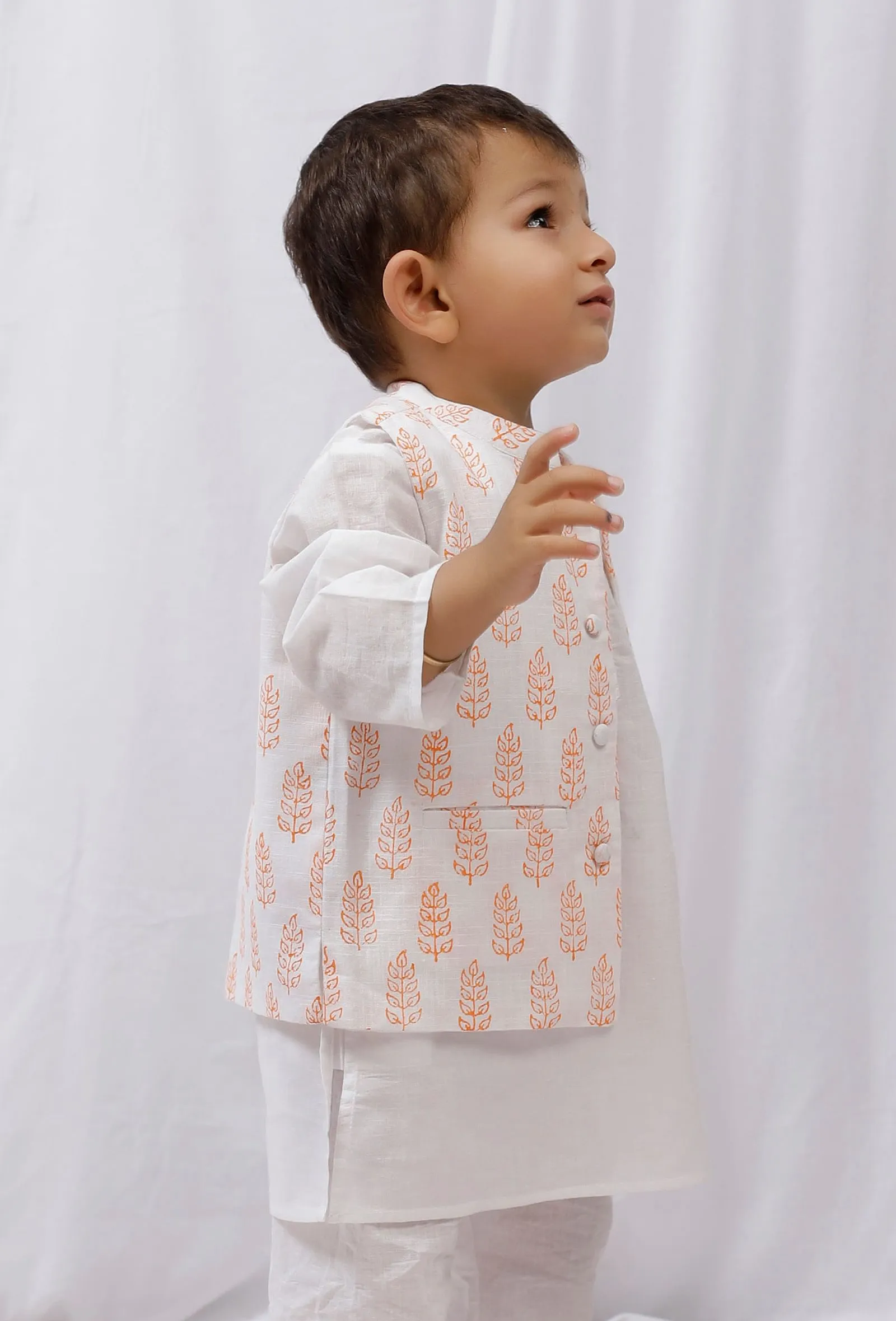 Orange Block Printed Floral Nehru Jacket