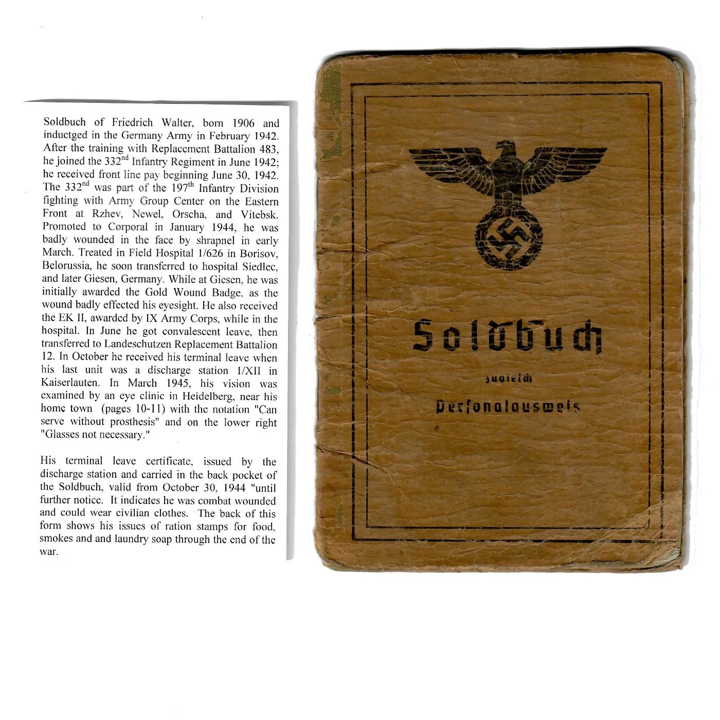 Original German WWII Named Soldbuch with Iron Cross 2nd Class & Gold Wound Badge - Gefr. Friedrich Walter