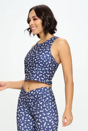 Paige - Navy White Floral Spots Compression Crop Tank (Built-in support) - LIMITED EDITION