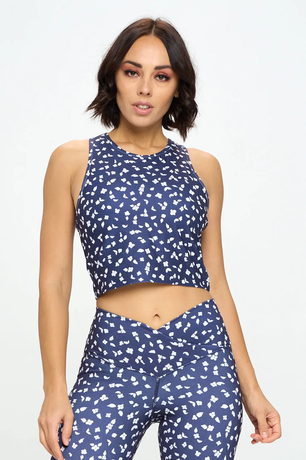 Paige - Navy White Floral Spots Compression Crop Tank (Built-in support) - LIMITED EDITION