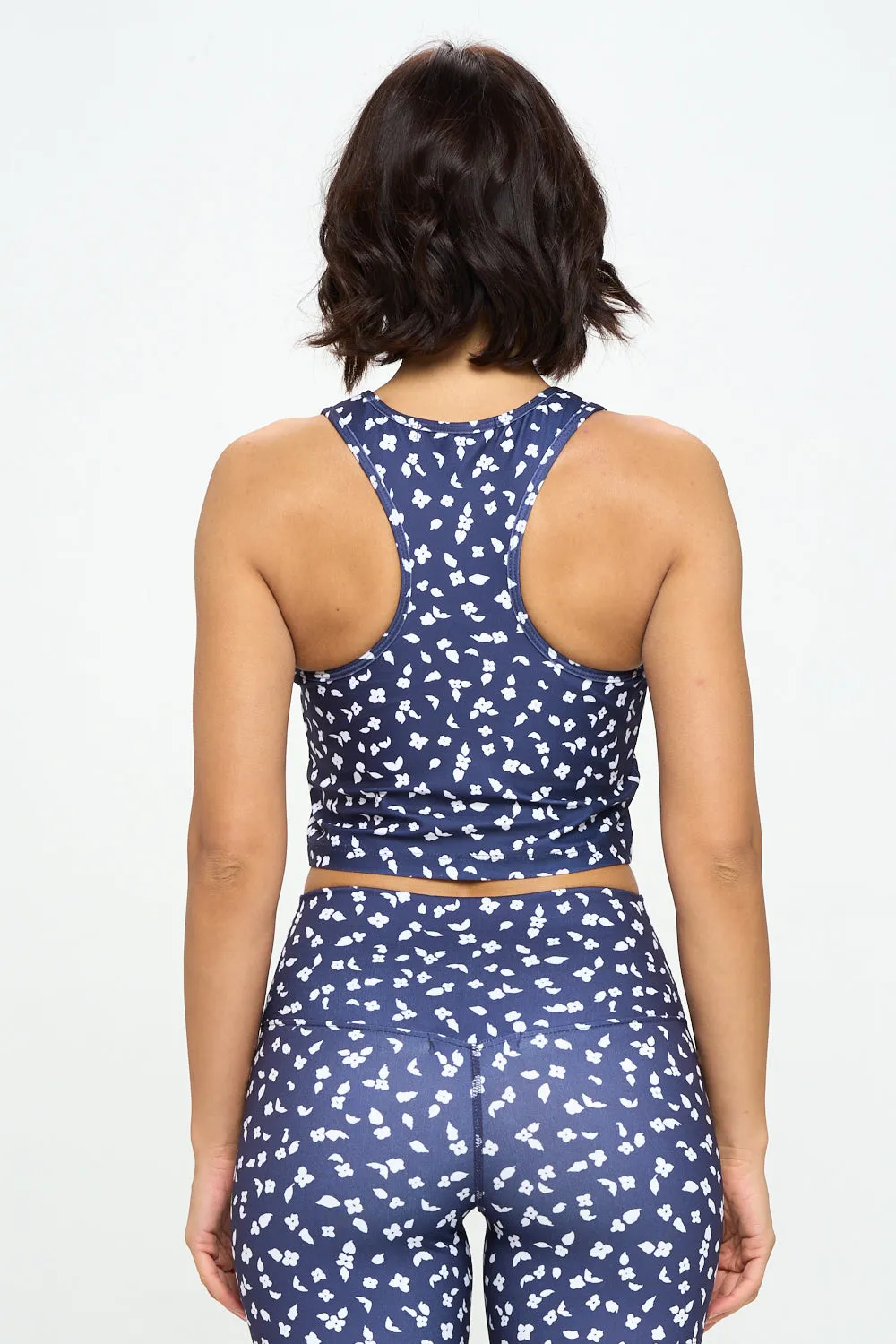 Paige - Navy White Floral Spots Compression Crop Tank (Built-in support) - LIMITED EDITION